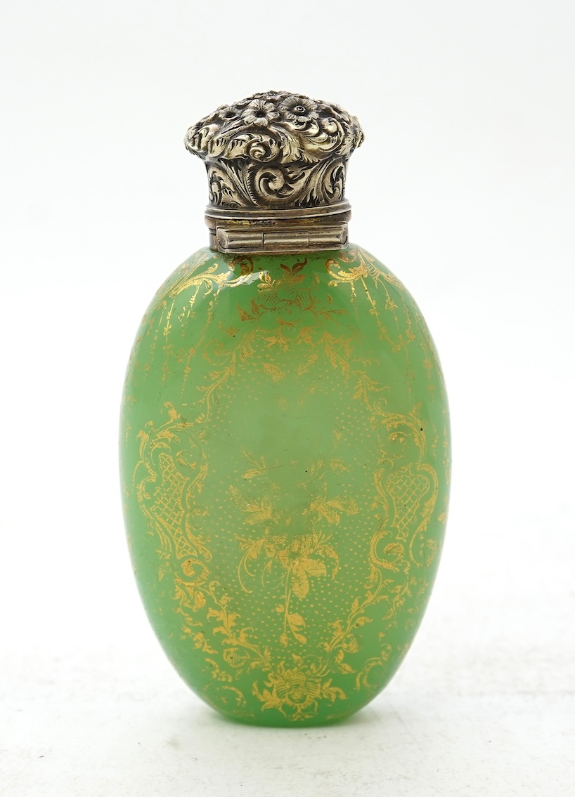A late 19th century gilt white metal mounted green opaline glass scent flask, by Sampson Mordan & Co